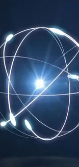 Luminous digital sphere with white trails on a dark blue background.