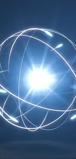 Futuristic glowing sphere with blue light patterns.