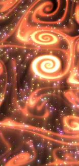 Orange glowing spiral galaxy phone wallpaper with cosmic sparkles.