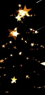 Glowing Christmas tree made of golden stars on a black background.