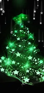 Glowing green Christmas tree with starry lights on a dark background.