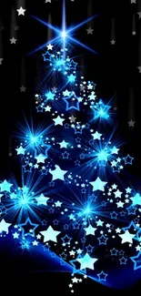 Glowing blue starry Christmas tree on dark background.