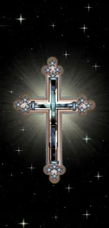 Glowing cross with stars on a starry black background.