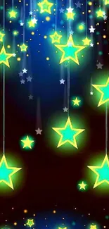 Neon green stars glowing on a dark blue background.