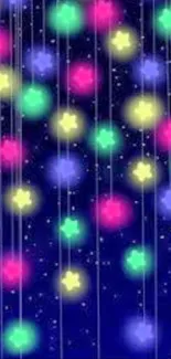 Colorful neon stars glowing on a dark blue background.