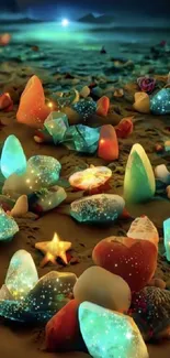Vibrant glowing stones on a tranquil beach by night.
