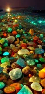 Path of glowing stones under moonlight on beach.
