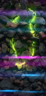 Mobile wallpaper with stones and glowing green veins.