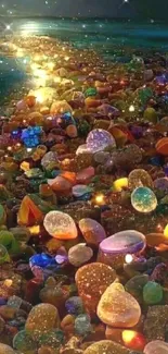 Colorful glowing stones scattered along a dark path at night.