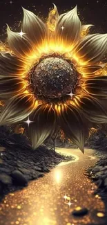 Glowing sunflower with a luminous path in fantasy art.