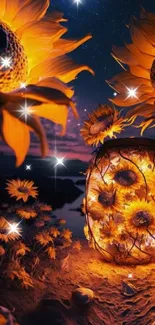 Glowing sunflowers illuminating a starry night scene.