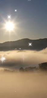 A beautiful sunrise with fog and sparkles over hills.