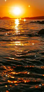 Glowing sunset over ocean waves with sparkling reflections.