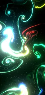 Glowing abstract swirls in vibrant colors on a black background wallpaper.