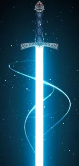 Glowing sword with blue light on a dark background wallpaper.