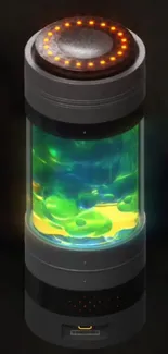 Futuristic glowing cylinder with neon colors on a dark background.