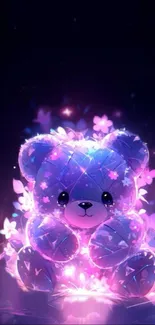 A luminous teddy bear with glowing flowers in a magical wallpaper.