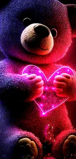 A purple teddy bear holding a glowing pink heart in neon light.