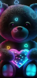 Teddy bear with neon heart lights glowing.