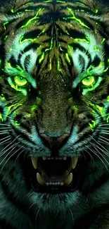 Glowing tiger eyes with neon green accents, fierce and captivating imagery.