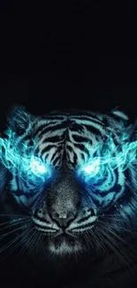 Futuristic tiger with glowing blue eyes on a dark background.