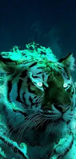 Glowing neon tiger with cyan flames on dark background.