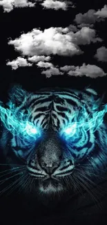 Mystical wallpaper of a tiger with glowing blue eyes and dark background.