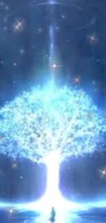 A glowing tree against a bright blue celestial background with sparkling stars.