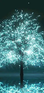 Glowing tree with teal leaves at night.