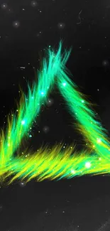 Neon green and yellow glowing triangle in space.