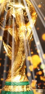 Golden soccer trophy with radiant lights on dark background.