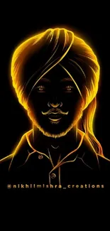 Vibrant neon glow of turbaned figure on black background.