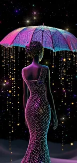 Elegant figure with glowing umbrella under starry sky.
