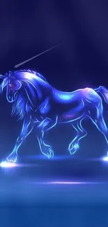 Glowing blue unicorn on a dark background mobile wallpaper.