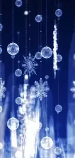 Glowing winter-themed wallpaper with orbs and snowflakes on blue background.