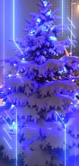 Snowy tree with blue lights in winter night.