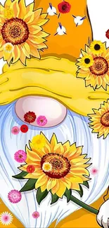 Gnome with sunflowers in a yellow theme illustration.