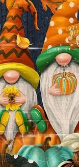 Gnome couple with pumpkins and autumn leaves on a cozy fall wallpaper.