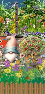 Whimsical garden wallpaper with gnome and colorful flowers.