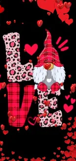 Gnome and plaid love with red hearts on black background.