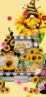 Gnome and sunflower wallpaper with checkered truck on yellow background.