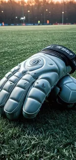 Close-up of goalkeeper gloves and ball on soccer field.