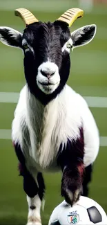 Goat standing on green field with a soccer ball, creating a whimsical vibe.