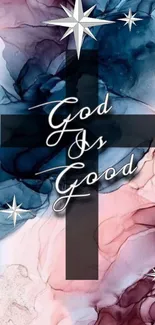 Inspirational 'God Is Good' wallpaper with cross and abstract design.