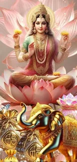 Beautiful deity sitting on a lotus with a golden elephant in a spiritual artwork.