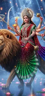 A multi-armed goddess riding a lion with a lantern-lit background.
