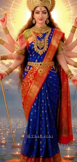 Goddess Durga depicted in a vibrant and divine form with multiple arms and traditional attire.