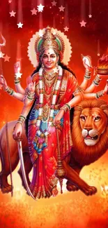 Mobile wallpaper of Goddess Durga with a lion in vibrant red hues.