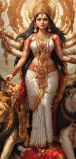 Intricate depiction of Goddess Durga with lions, showcasing divine and cultural artistry.