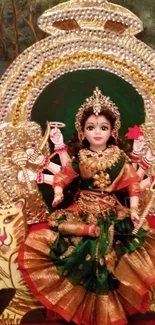 Goddess Durga adorned with ornaments, sitting gracefully.